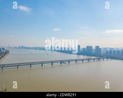 Aerial view of the Qiantang river bridge in Hangzhou, China. Stock Photo