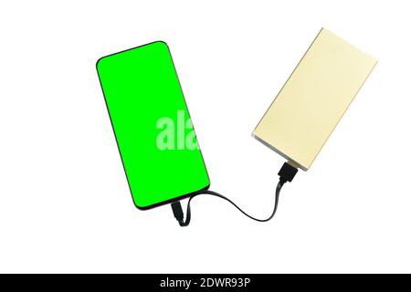 green screen mobile phone stabbing in power bank rechargeable battery on white background Stock Photo