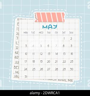 May 2021 month calendar. Blue text on squared paper with dots. A piece of newspaper is at the bottom, cute pink scotch, patterned adhesive tape with l Stock Vector