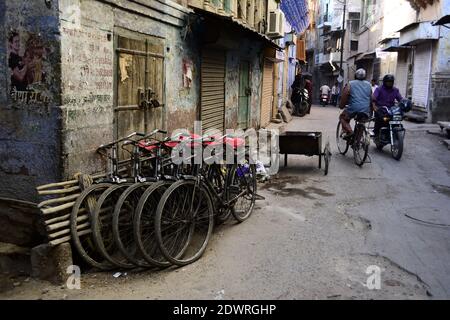 Jodhpur, Rajasthan, India - December, 2016: Large group of bicycles in a row on the street of old town Blue city Stock Photo