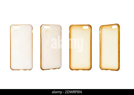 White plastic back cover for mobile phone isolated on white background. Different angles of smart phone protector case. Silicone phone backs Stock Photo