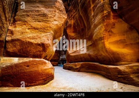 Abstract picture of rocky walls in The Siq, entrance in Petra, Jordan Stock Photo