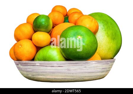 Isolated plate full of citruses fruits. Set of oranges, tangerines, limes, pomelo, grapefruits on white background. Stock Photo