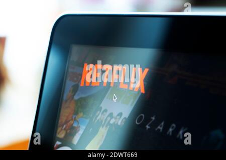 Netflix logo on a computer screen. Home page of the Internet resource Netflix Stock Photo