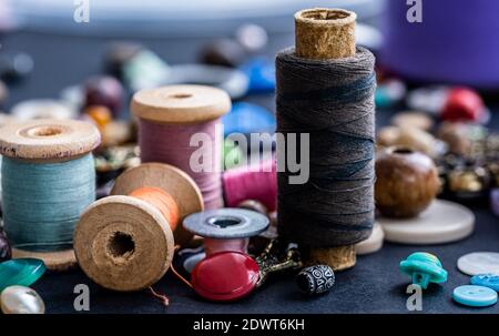 Close up of retro threads and beads assortment Stock Photo