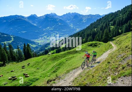 Two young mountain bikers on single trail in the alps Stock Photo