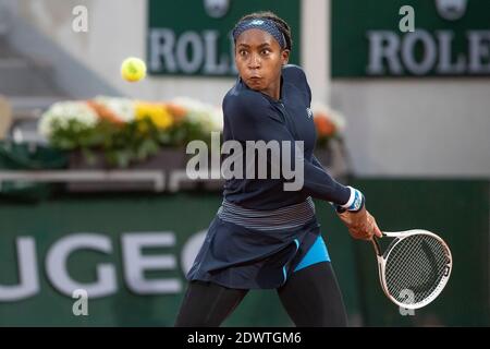 American tennis player Cori Gauff  playing backhand shot during French Open 2019, Paris, France,Europe. Stock Photo