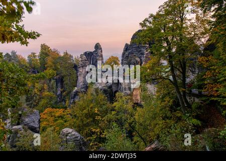 panoramic view of bastei bridge near rathen at sunset from, saxon switzerland, elbsandsteingebirge, saxony, east germany Stock Photo