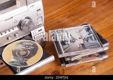 Music CD in Sony hi-fi system, Oasis What's the Story Morning Glory album compact disc Stock Photo