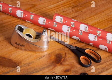 Christmas 2020 wrapping paper, scissors and Sellotape tape reel