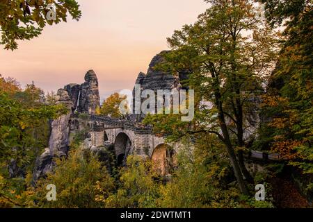 view of bastei bridge near rathen at sunset from, saxon switzerland, elbsandsteingebirge, saxony, east germany Stock Photo