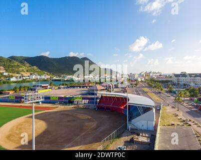Aerial view of little league stadium on pond island st.maarten. Little league stadium aerial photography.