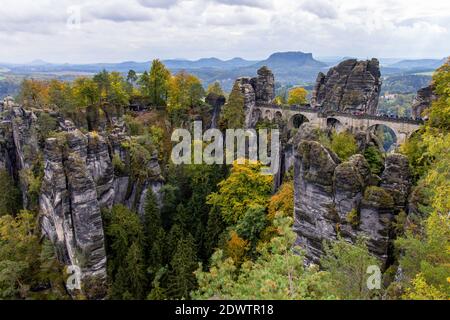 panoramic view of bastei bridge and felsenburg neurathen near rathen at sunset from, saxon switzerland, elbsandsteingebirge, saxony, east germany Stock Photo