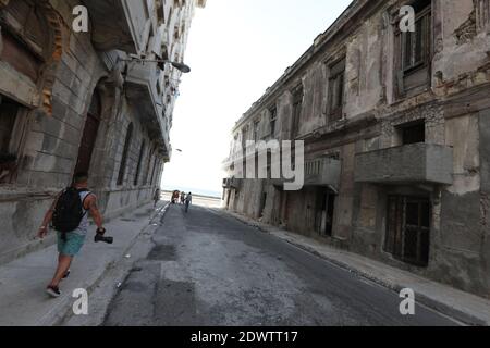dilapidated facades and columns of Malecon in Havana, Cuba, Caribbean Stock Photo