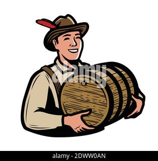 Oktoberfest, beer festival symbol. Man with wooden keg vector illustration Stock Vector