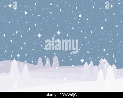 Winter landscape with falling snow and christmas tree in minimalist style. Boho decor for prints, posters and interior design. Mid Century modern deco Stock Vector