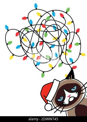 Grumpy cat tangled christmas lights. Greeting card Stock Vector