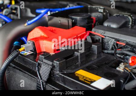 New Car Battery Installed In A Car But With Battery Terminals Not Connected Stock Photo Alamy