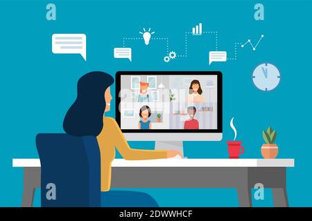 Video conference with people group on a computer at home, meeting online. Team talking on video and working. New normal and covid-19 concept Stock Vector
