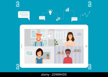Video conference with people group chatting and working on a digital tablet, meeting online on blue background. New normal and covid-19 concept Stock Vector