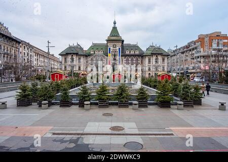 What remains behind communism, the famous 'Musical Fountain' in front of the Christmas Market and the City Hall building in Craiova, Romania, EU. Stock Photo