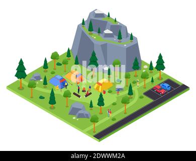 Camping site - modern vector colorful isometric illustration. Landscape with a mountain, tents in the forest, trees and rocks, parking lot. Tourists s Stock Vector