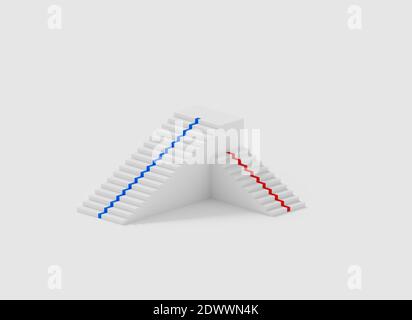 3d illustration with white competition staircase with blue and red line on the stairs on white background. Isolated illustration. Podium concept white Stock Photo