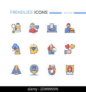 Psychological problems - line design style icons set. Mental health and psychotherapy concept. Narcissism, emotional burnout, perfectionism, codepende Stock Vector