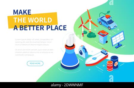 Make the world a better place - modern colorful isometric web banner with copy space for text. Waste sorting, energy saving idea. Wind turbines, elect Stock Vector