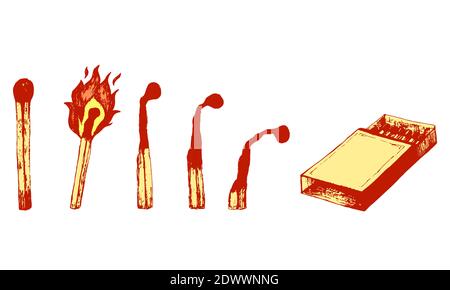 Safety colorful matches collection with burning match with fire, open match, burnt match and box of matches isolated on white. Stock Vector