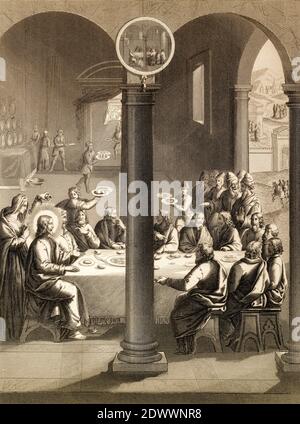 Jesus Christ and disciples at the table in the house of Simon the Leper, with Mary Magdalen and Martha serving, New Testament, steel engraving 1853, digitally restored Stock Photo
