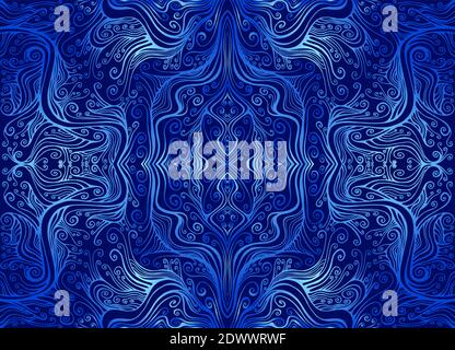Vintage psychedelic trippy colorful fractal pattern. Gradient blue cyan outline, isolated on dark blue colors. Stock Vector