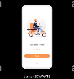 Food Delivery Service Screen Interface. Delivered Process Tracking Tutorial. Mobile Phone Application. Vector illustration Stock Vector