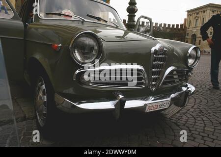 Verona, Italy - May 20, 2006: Police cars, vintage classic cars, of the brands Fiat and Alfa Romeo at a show, in the city of Verona. Stock Photo