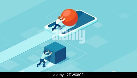 Vector of a successful business man pushing a sphere using mobile technology leading the race against a businessman pushing a box. Stock Vector