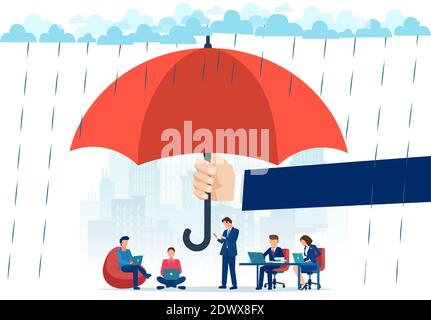 Vector of a big businessman hand holding big umbrella in rain protecting people employees working in office and at home Stock Vector