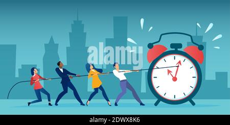 Vector of a group of business people pulling clock hands on a rope. Time management deadline concept Stock Vector