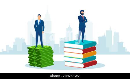 Vector of successful businessmen standing on a pile of books and money bills. Stock Vector