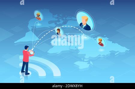 Vector of a businessman with tablet computer connected online with team of freelancers and outsourcing work Stock Vector