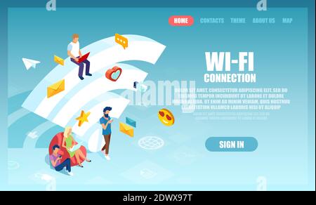 Vector of people men and women chatting in social networks near big Wi-Fi symbol. Stock Vector