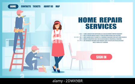Vector of repair service men in uniform working with instruments fixing appliances at a housewife home. Stock Vector