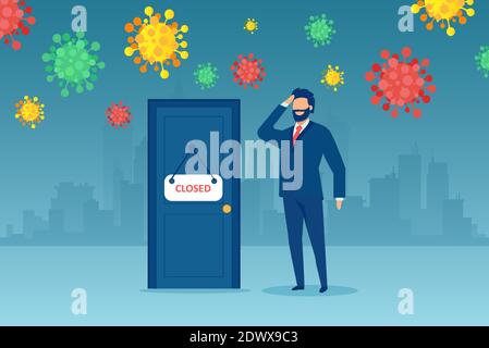 Vector of a confused businessman standing at a door with closed sign during COVID-19 pandemic Stock Vector