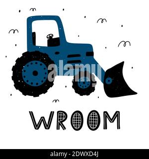Cute childish tractor with lettering and abstract elements around. Scandinavian style vector illustration. Stock Vector