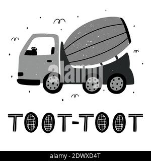 Cute childish concrete mixer truck with toot-toot lettering and abstract elements around. Textured hand drawn Scandinavian style vector illustration. Stock Vector