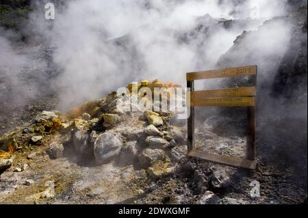 Hot steam and sulfurous fumes rise from fumerole Solfatara volcano. Pozzuoli, Campi Flegrei (Phlegraean Fields), Naples, Campania, Italy Stock Photo