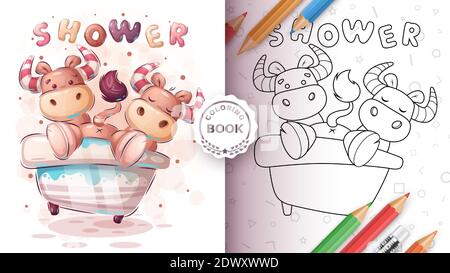 Cute ox, bull in bathroom - coloring book Stock Vector