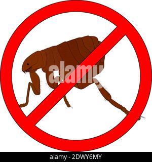 Prohibition cartoon sign stop fleas insect icon with black outline isolated on white background. Warning symbol Stock Vector