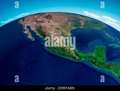 Map of Central America, satellite view. Mexico and United States, physical map. reliefs and mountains. Elements of this image are furnished by Nasa Stock Photo