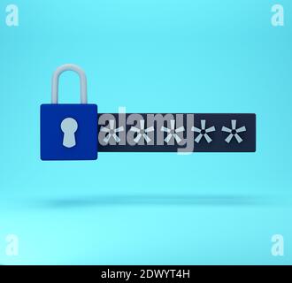 3d lock and password field. Password protected secure login concept. minimal creative concept in blue and black colors. 3d rendering Stock Photo