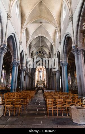 Combourg, France - July 27, 2018: Notre-Dame church of Combourg, interior view of the main nave Stock Photo